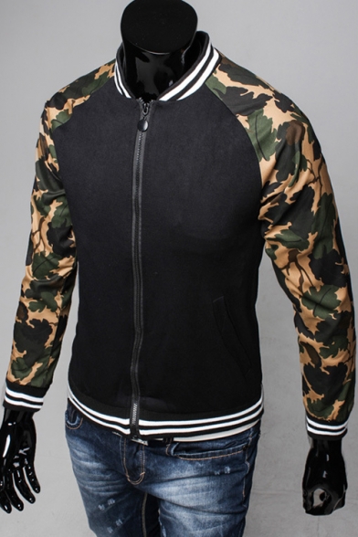 Fashionable Camouflaged Long Sleeves Zippered Stand-up Collar Stripes-Trimmed Baseball Jacket