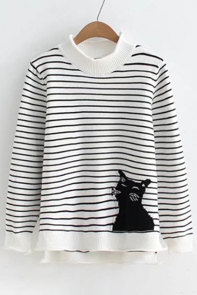 New Fashion Cat Pattern Striped Long Sleeve Pullover Sweater