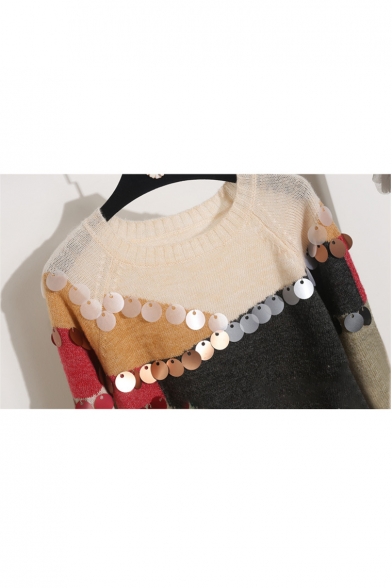 New Fashion Color Block Beading Embellished Round Long Sleeve Pullover Sweater