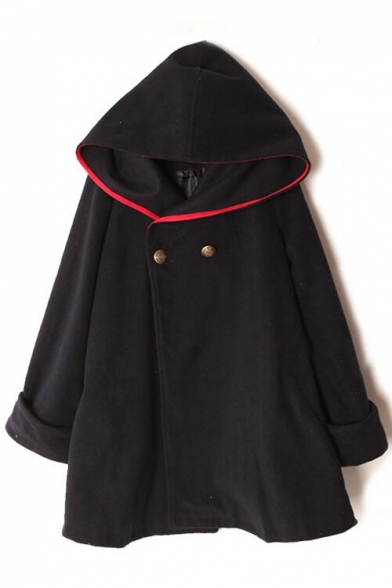 New Fashion Simple Contrast Hem Hooded Long Sleeve Trench Coat