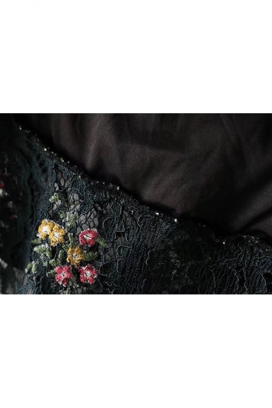 New Stylish Embroidery Floral Pattern Zip Fly Ruffle Hem Lace Skirt