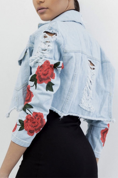 New Stylish Floral Pattern Long Sleeve Single Breasted Denim Jacket