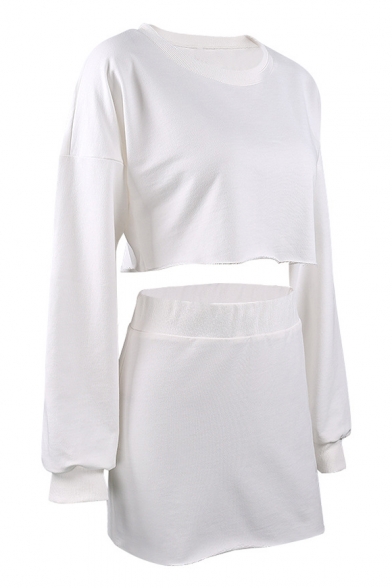 New Stylish Plain Long Sleeve Cropped Sweatshirt Mini Skirt Leisure Co-ords