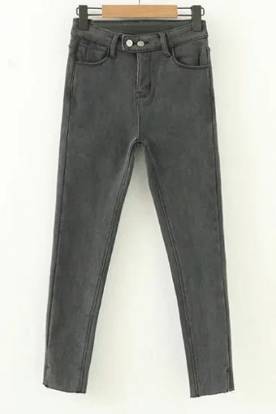 New Stylish Zip Fly Two Button Simple Plain Skinny Jeans
