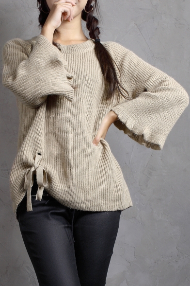 Simple Plain Ruffle Hem Long Sleeve Pullover Loose Sweater