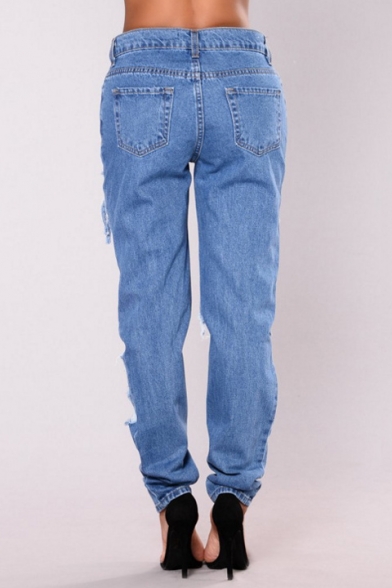 Stylish Low Rise Zipper Fly Ripped Boyfriend Jeans
