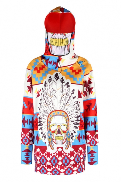 Tribal Skull Geometric Printed Long Sleeve Hoodie with Detachable Veil & Pockets