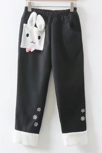 Adorable Rabbit Cartoon Patched Snowflake Pattern Elastic Waist Casual Pants