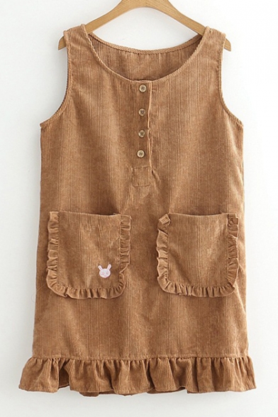 Adorable Round Neck Buttons Ruffled Hem Mini Overall Dress with Pockets