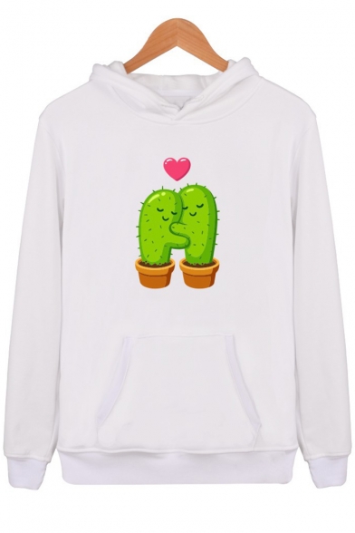 Autumn's Fashion Cactus Cartoon Pattern Long Sleeves Pullover Hoodie with Pocket
