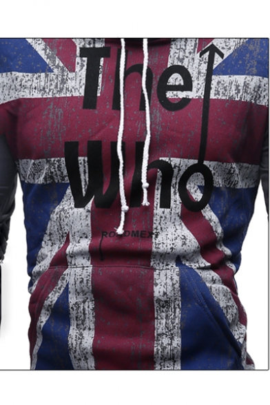 British Style Flag Letter Printed Long Sleeves Pullover Hoodie with Drawstring