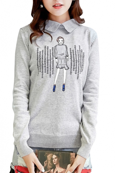 Casual Girl Cartoon Letter Pattern Long Sleeves Lapel Tiered Pullover Sweater