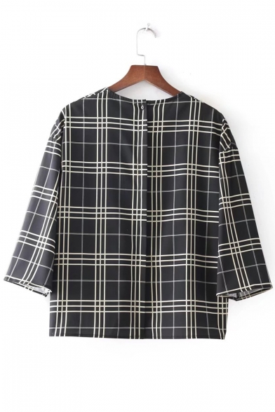 Chic Embroidered Plaid Round Neck Long Sleeve Shirt