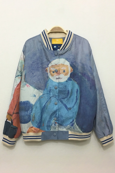Fabulous Oil-Painting Old Man Printed Long Sleeves Button Down Loose Baseball Jacket