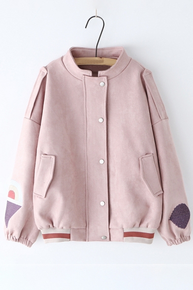 Fashion Embroidered Stand-Up Collar Long Sleeve Buttons Down Baseball Coat