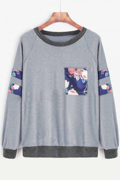 Fashion Floral Print Raglan Sleeve Round Neck Pullover Sweatshirt