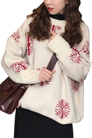Leisure Snowflake Allover Pattern Round Neck Long Sleeves Loose Pullover Sweater