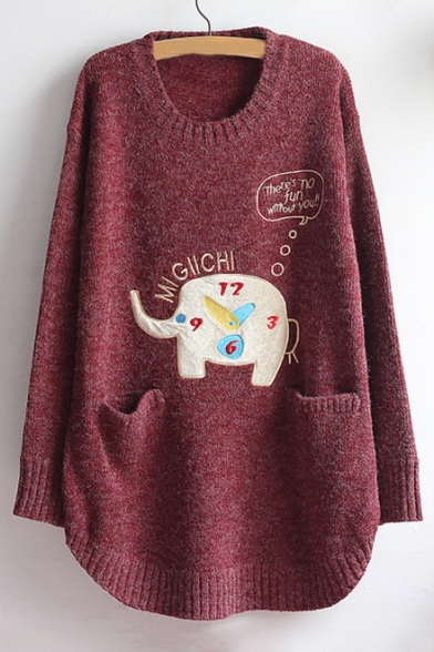 Lovely Cartoon Elephant Pattern Long Sleeve Round Neck Tunic Pullover Sweater