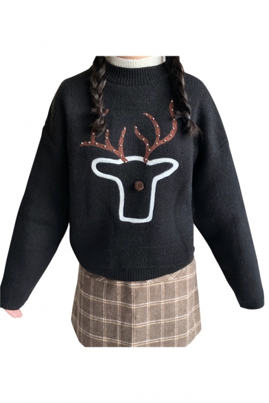 Lovely Cartoon Print Deer Print Long Sleeve Pullover Sweater