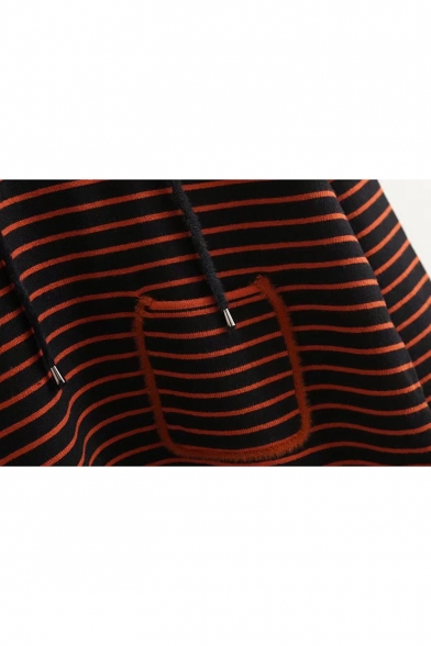 Retro Color Block Striped Print Long Sleeve Hooded Sweater
