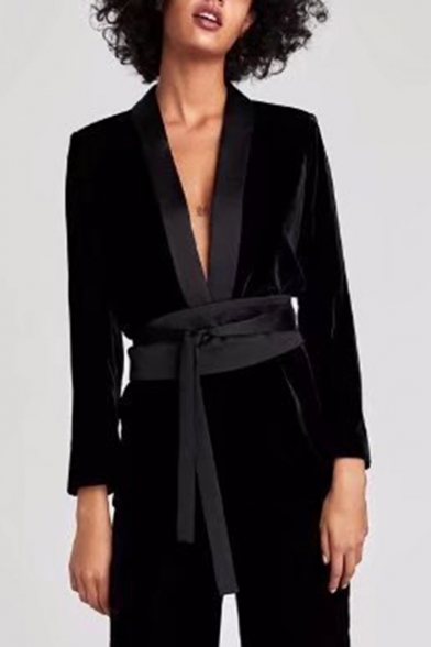 Sexy Plunge Neck Collarless Bow Tie-Waist Long Sleeves Open Front Casual Coat