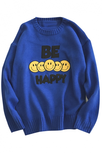 Simple Letter Smiley Faces Printed Long Sleeves Round Neck Pullover Sweater
