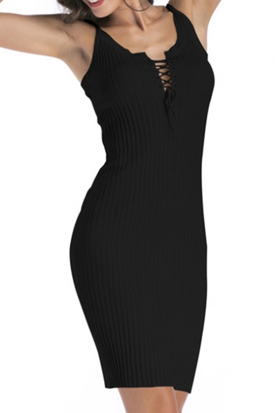 Simple Plain Lace-Up Front Bodycon Knitted Cami Dress