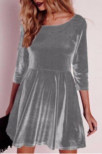 Simple Plain Round Neck Long Sleeve A-line Velvet Mini Dress