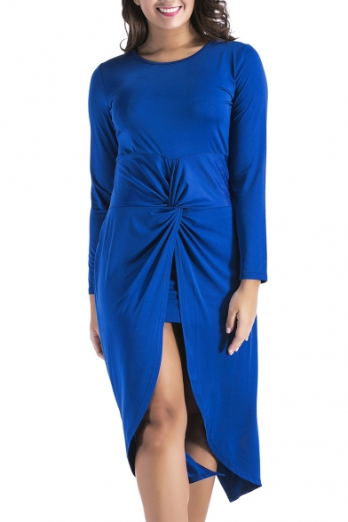 Simple Plain Round Neck Long Sleeves Twist-Front Split Back Tulip Hem Midi Asymmetrical Dress