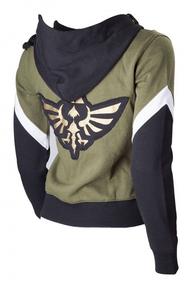 Sportive Color Block Symbol Wing Printed Long Sleeves Zippered Hoodie with Pockets