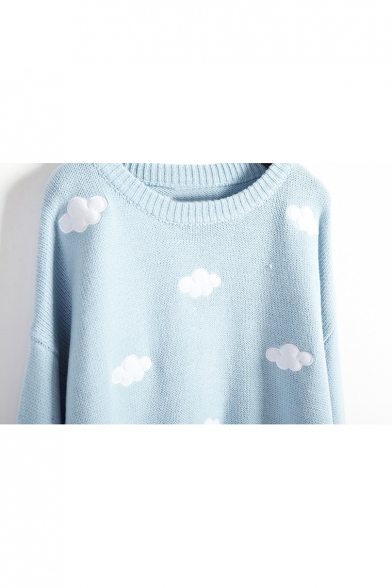 Stylish Cloud Print Long Sleeve Round Neck Pullover Sweater