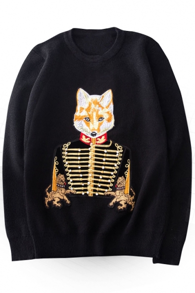 Stylish Fox Embroidery Round Neck Long Sleeve Pullover Sweater