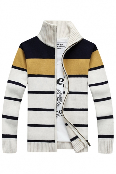 Stylish Striped Pattern Color Block High Neck Long Sleeves Zippered Cardigan