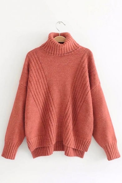 Stylish Turtleneck Long Sleeves Plain Ribbed High Low Hem Loose Pullover Sweater