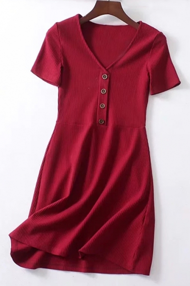 Stylish V Neck Short Sleeve Button A-line Mini Knit Dress
