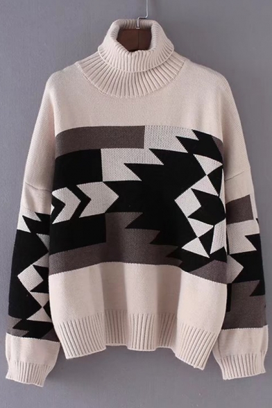 Trendy Geometric Print Long Sleeve Turtleneck Pullover Sweater