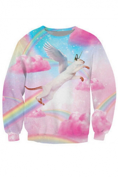 Trendy Rainbow Wings Flying Cat Cloudy Sky Pattern Round Neck Long Sleeves Pullover Sweatshirt