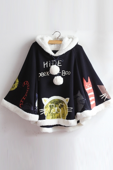 Adorable Cats Letter Graphic Printed Faux Fur Hooded Cape with Pompons