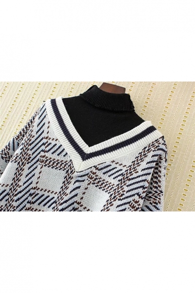 Chic High Neck Plaid Color Block Long Sleeve Pullover Sweater