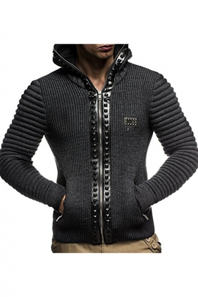 Cool Long Sleeves Rivets Embellished Hooded Zippered Ribbed Plain Coat with Zipped-Pockets