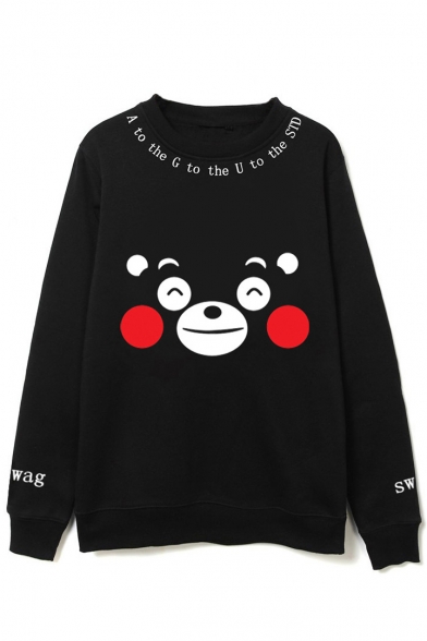Cute Cartoon Bear Print Long Sleeve Round Neck Pullover Sweatshirt