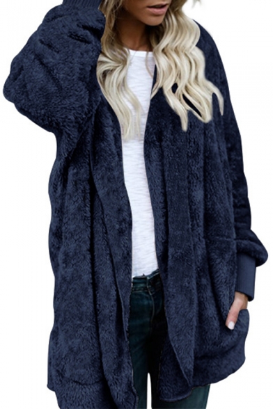 Fashionable Open Front Long Sleeves Hooded Longline Faux Fur Fluffy Coat