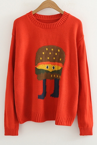 Funny Hamburger Pattern Long Sleeve Round Neck Pullover Sweater