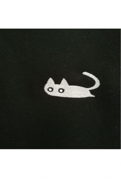 Leisure Cat Cartoon Embroidery Round Neck Long Sleeves Pullover Sweatshirt