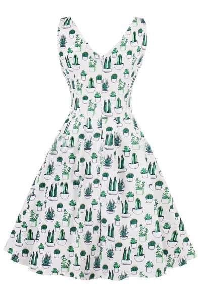 New Fashion Cactus Plant Print V-Neck Sleeveless Fit & Flare Mini Dress
