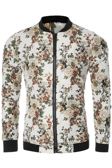 New Trendy Floral Print Stand-Up Collar Long Sleeve Zipper Jacket