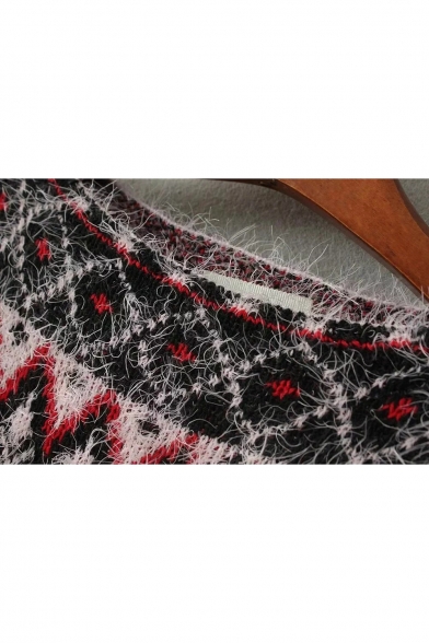 Retro Tribal Print Long Sleeve Round Neck Tassel Pullover Sweater