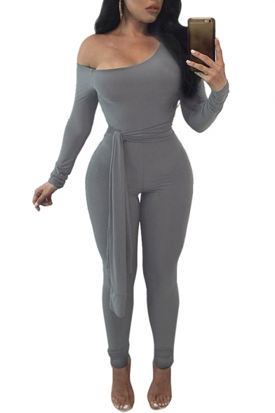 Women's Long Sleeve One Piece Bodycon Jumpsuit Workout Ribbed Knit