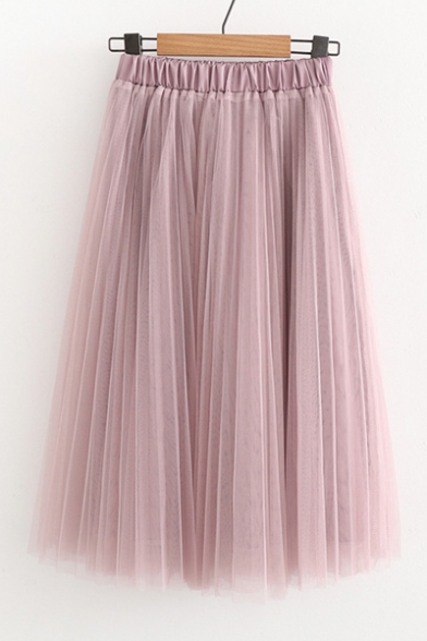 Simple Elastic Waist Pleated Layered Mesh Midi Skirt