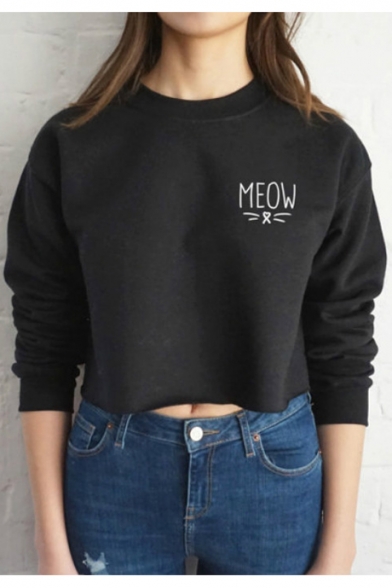 Simple Letter Meow Pattern Round Neck Long Sleeves Pullover Cropped Sweatshirt